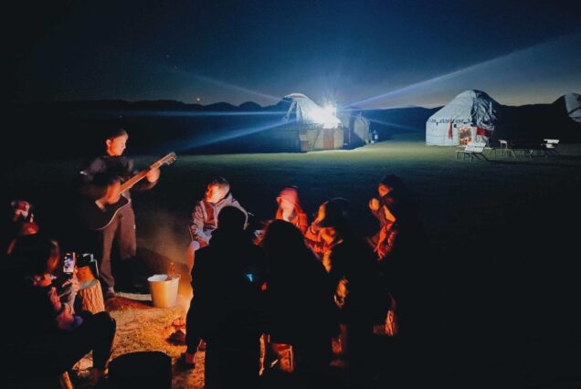 Nomadic yurt camp at Song-Kol Lake during sunset Kyrgyz Wonders Kyrgyzstan