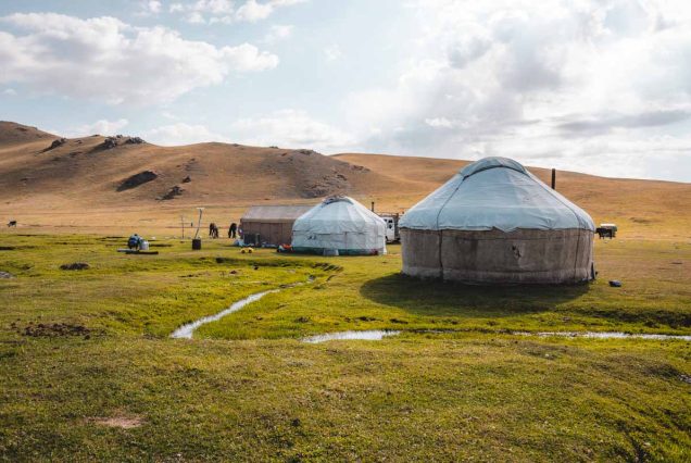 Nomadic yurt camp at Song-Kol Lake during sunset.