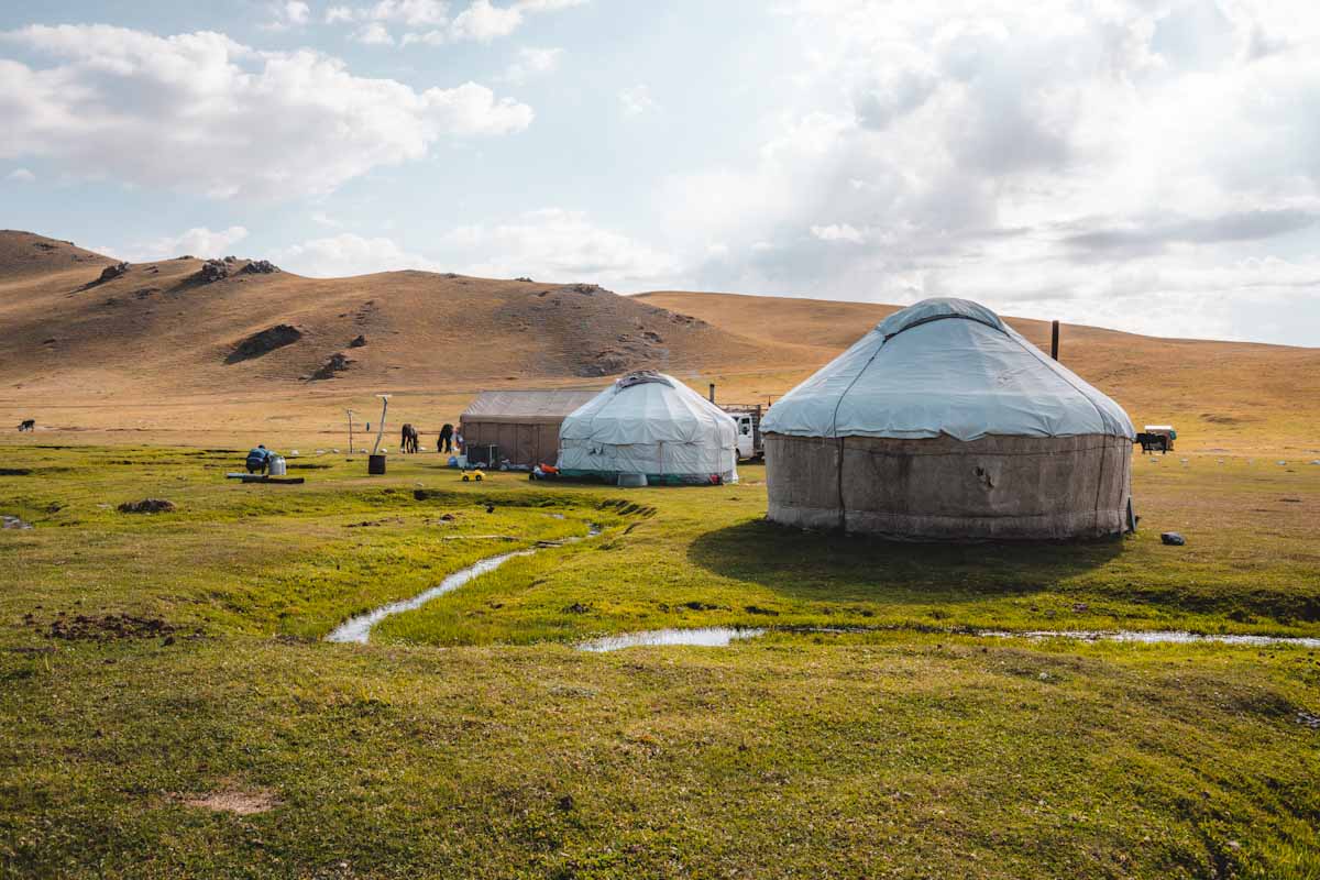 Nomadic yurt camp at Song-Kol Lake during sunset Kyrgyz Wonders Kyrgyzstan