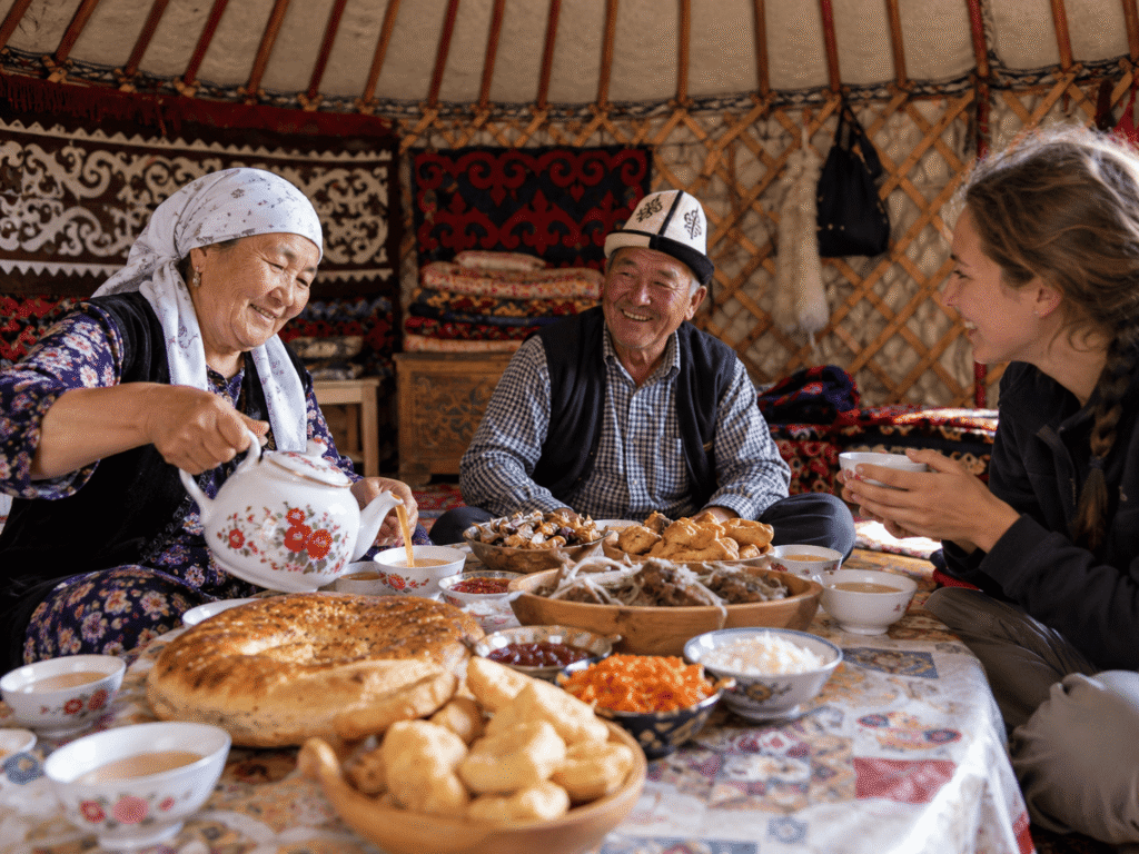Kyrgyz hospitality tea and bread served to guests